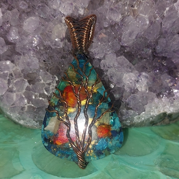 Oyster Turquoise Copper Wire Wrapped Pendant - Picture 2 of 4